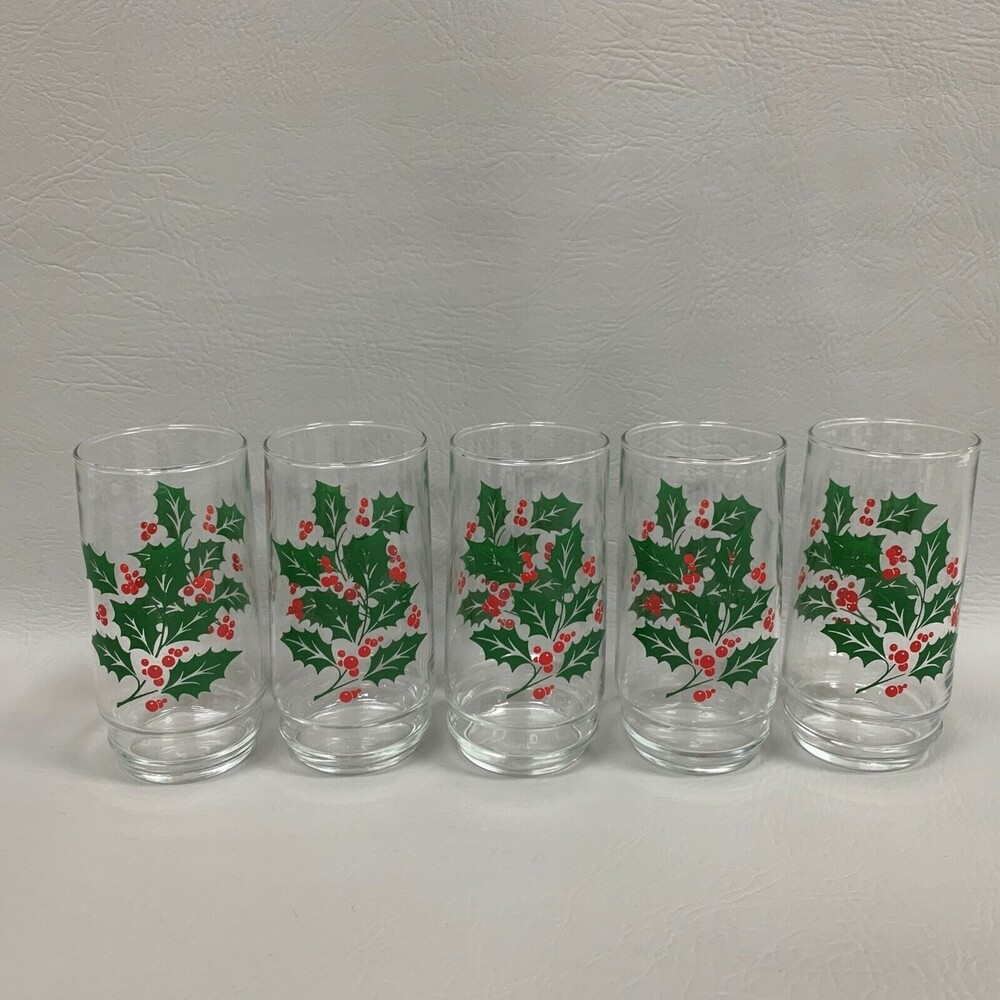 Glass Indiana Tumbler Holly Berry Glasses 5 3/4" High Holiday Beverage Lot of 5